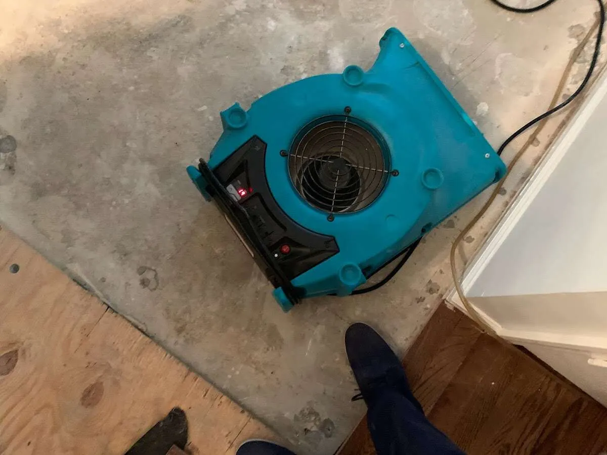 Air mover drying subfloor during Commercial Water Damage Restoration in Hampshire